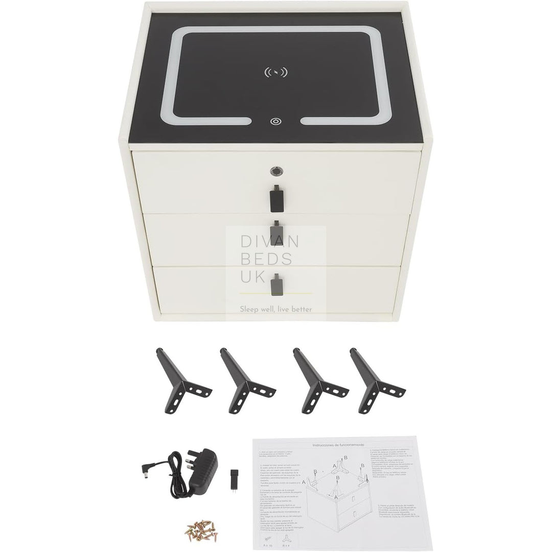 Elara White 3 Drawer Smart LED Bedside Table with Bluetooth Speakers, Fingerprint Lock, USB, Type C and Wireless Charging