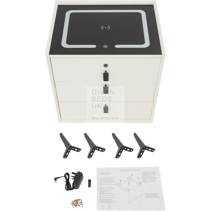 Elara White 3 Drawer Smart LED Bedside Table with Bluetooth Speakers, Fingerprint Lock, USB, Type C and Wireless Charging