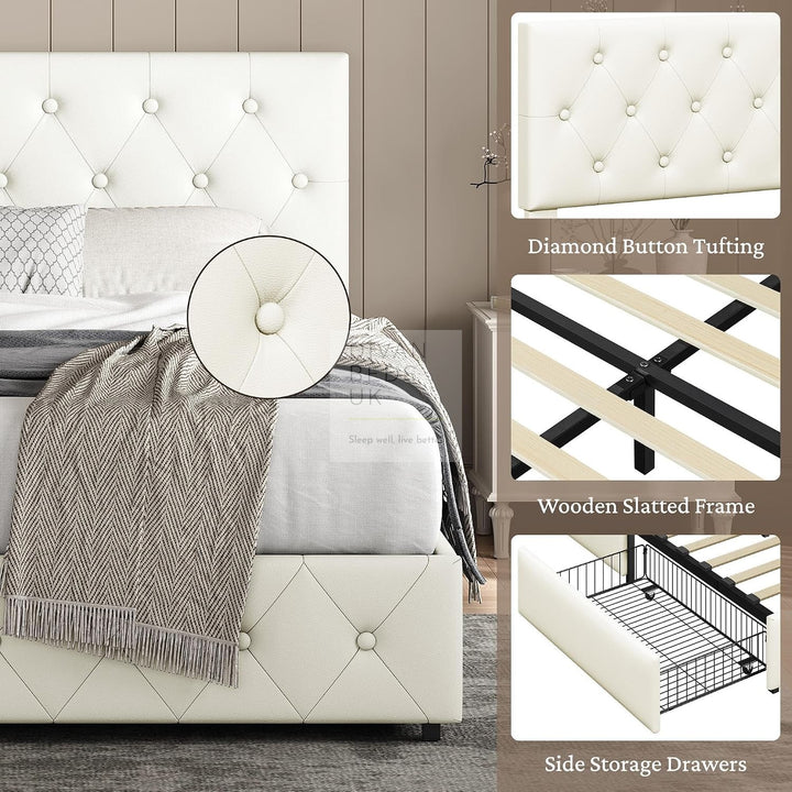 Emma Cream Leather 2 Drawer Buttoned Bed Frame