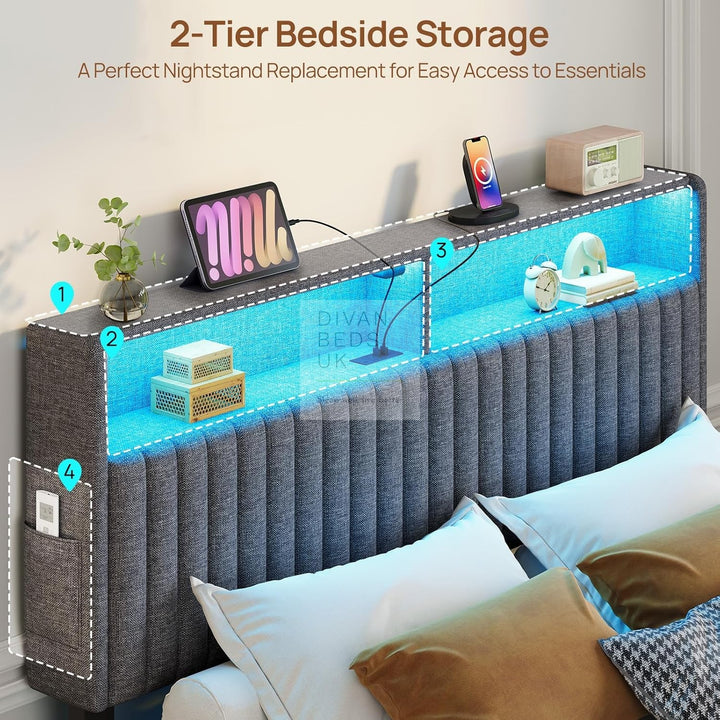 Houston Kids Smart Metal Floating Bed with Grey Padded Storage Headboard, LED Lights, USB & Type C Charging Station