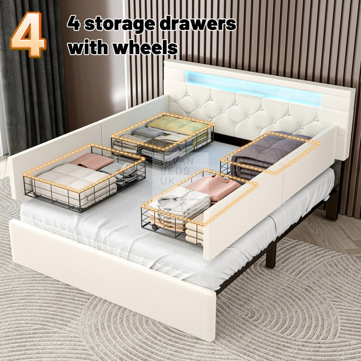 Harmon Beige Linen Smart Bed with 4 Drawer Storage, LED and Charging Station AC Socket, USB, Type C on Headboard Storage Shelf