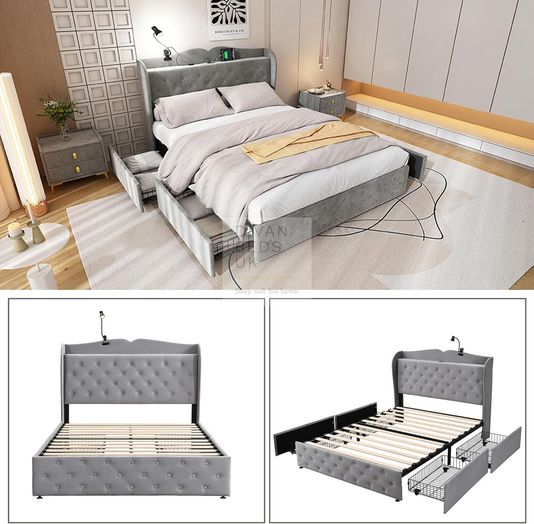 Kendra Grey Velvet Smart Wingback Bed with 4 Drawer Storage with Charging Station USB / Type C & Lamp on Headboard Storage Shelf