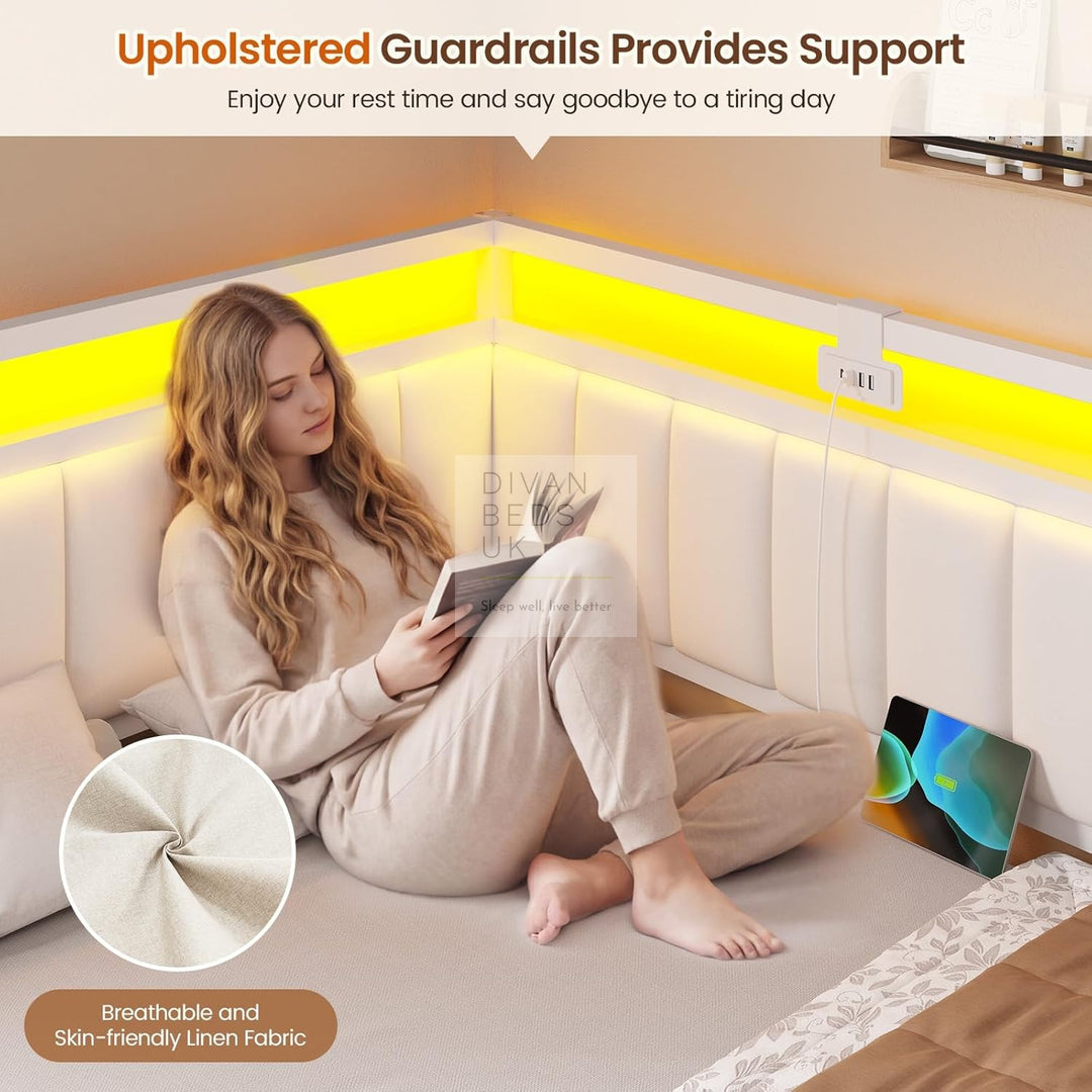 Giavanna Beige Linen 2 Drawer Low Smart Sofa Bed Daybed with LED Lights, USB & Type C Charging Station