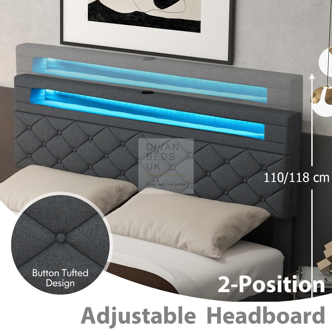 Cynthia 4 Drawer Charcoal Linen Smart Bed with Storage Headboard, LED Lights & USB Charging