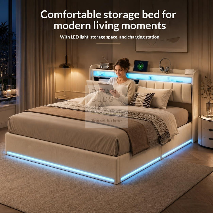 Kairi LED Beige Velvet Ottoman Storage Smart Bed with USB Type C Charging Station on Headboard Storage Shelf