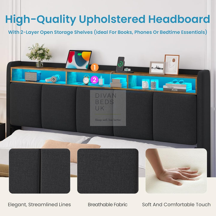 Houston Smart Metal Floating Bed with Grey Linen Padded Storage Headboard, LED Lights, Plug Sockets, USB &amp; Type C Charging Station