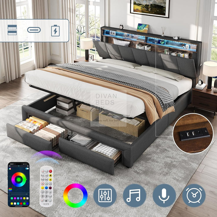 Aarya Charcoal Grey Linen 2 Drawer Ottoman Storage Bed with LED Lights, Type C and USB Charging Headboard Storage Shelf