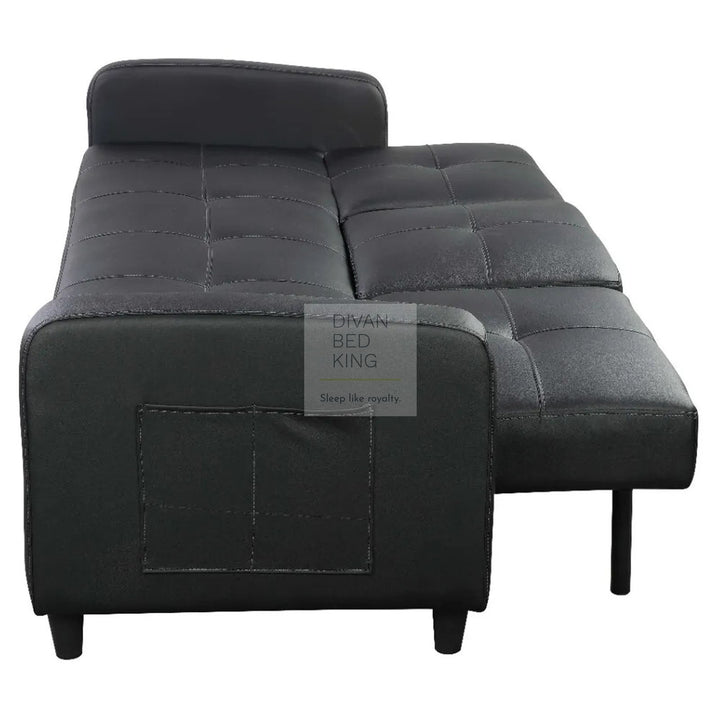 Salazar Black Leather 3 Seater Sofa Bed with Cup Holders, Armrest and Side Storage Pockets