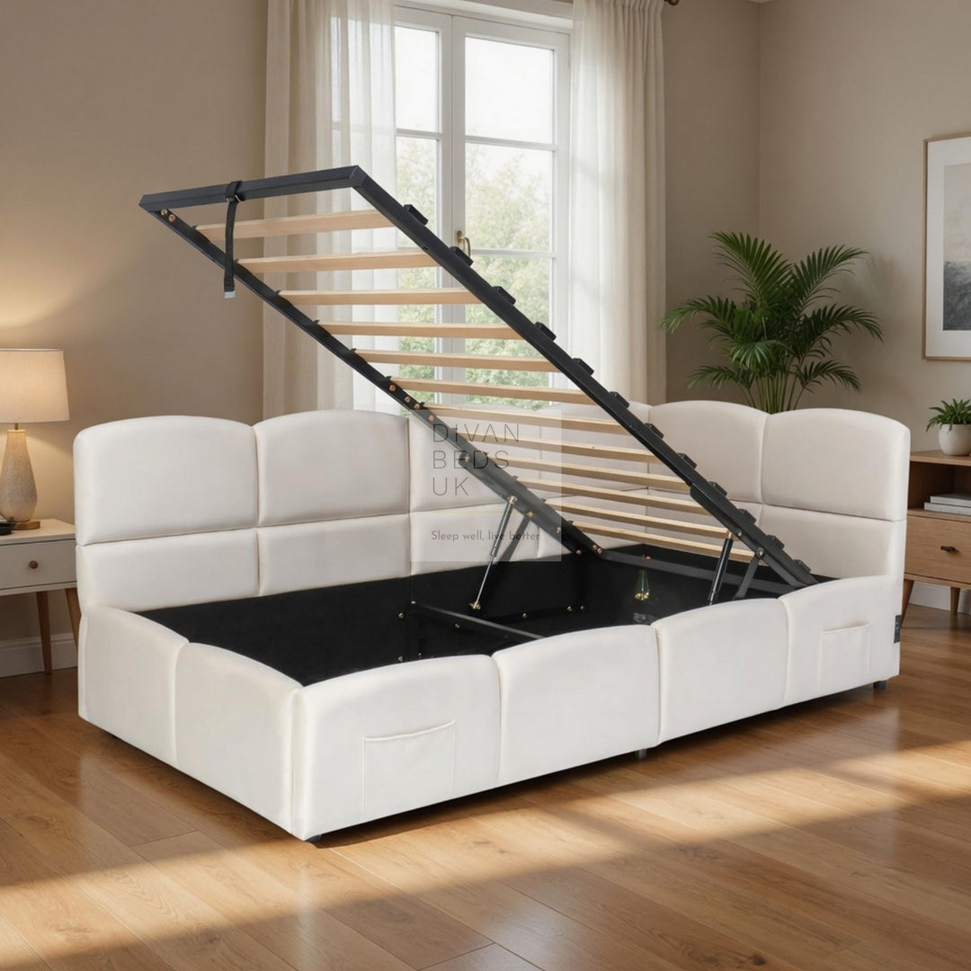 Amaia Beige Plush Velvet Smart Ottoman Storage Daybed Sofa Bed Couch with Charging Station, USB & Type C Ports