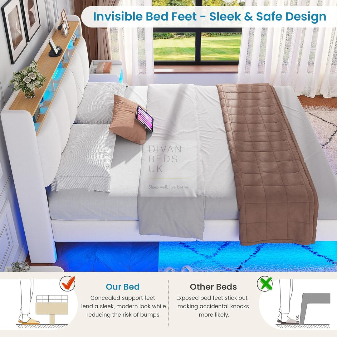 Houston Smart Metal Floating Bed with White Linen Padded Storage Headboard, LED Lights, Plug Sockets, USB &amp; Type C Charging Station