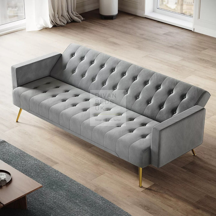 Felix Grey Plush Velvet 3 Seater Sofa Bed with Golden Legs