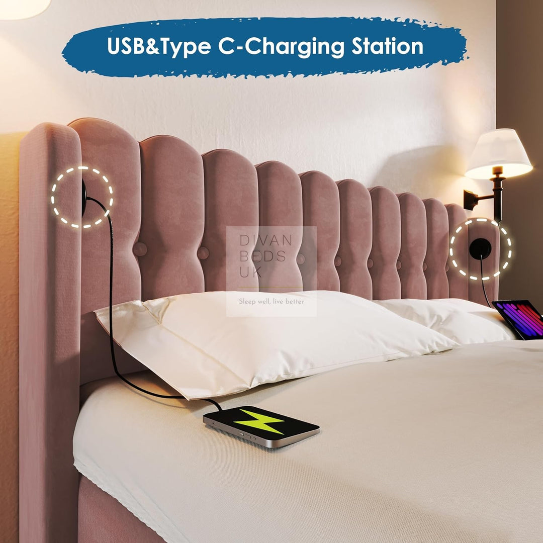 Calabria Wingback Pink Velvet Smart Bed with USB & Type-C Charging Stations on Both Sides