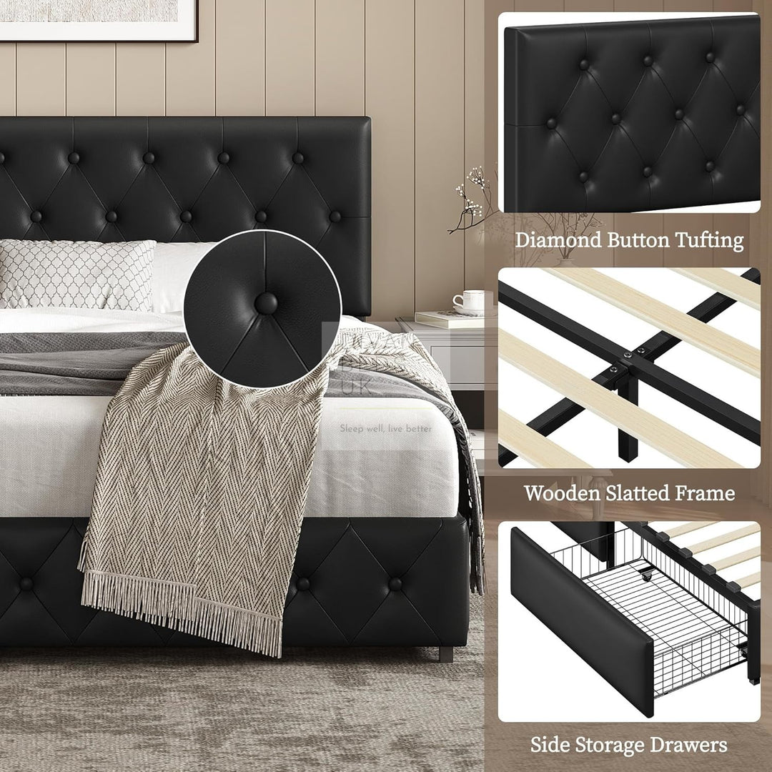 Emma Black Leather 2 Drawer Buttoned Bed Frame