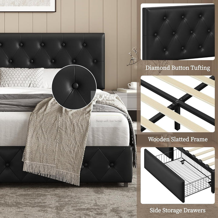 Emma Black Leather 2 Drawer Buttoned Bed Frame