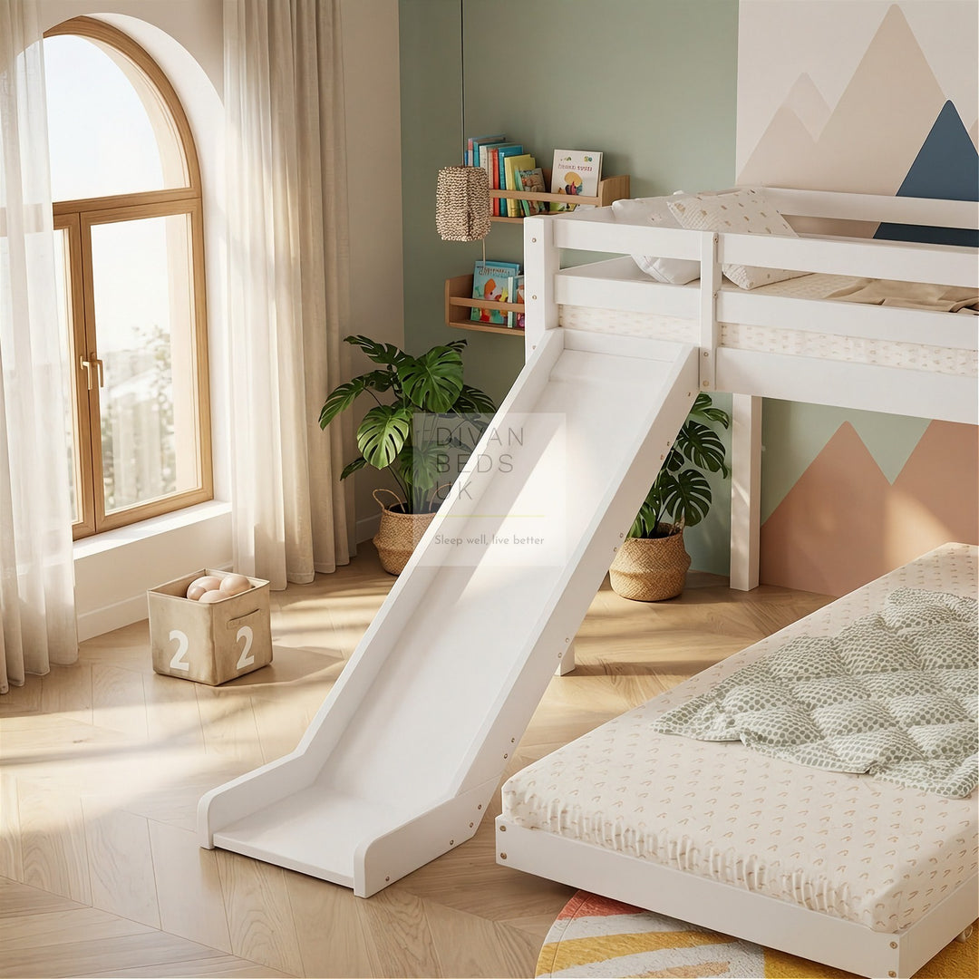 Jefferson White Wooden Bunk Bed Midsleeper with Slide and Adjustable Trundle