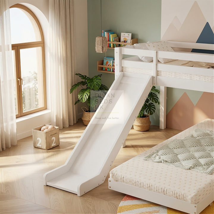 Jefferson White Wooden Bunk Bed Midsleeper with Slide and Adjustable Trundle