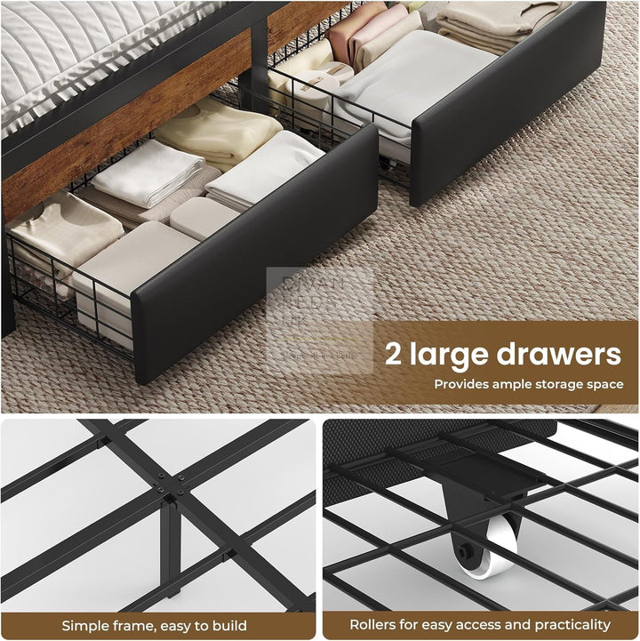 Julius Black Leather 2 Drawer Storage Smart Bed with LED Lighting, USB and Type-C harging