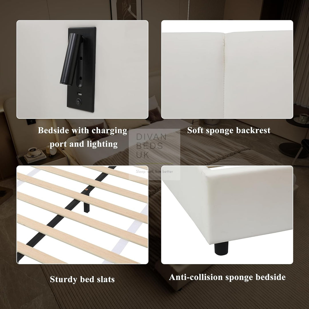Monteleone Oversized Headboard White Leather Bed Frame with Integrated Lighting & USB Charging