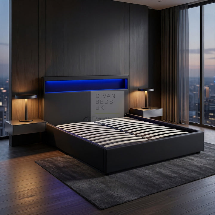 Pia Black Leather LED Ottoman Gas Lift Storage Bed
