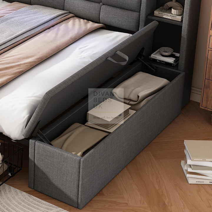 Avayah Grey Linen Smart Daybed Sofa Bed with 2 Drawers, LED Shelves Storage, USB &amp; Type C Charging Station &amp; Storage Box
