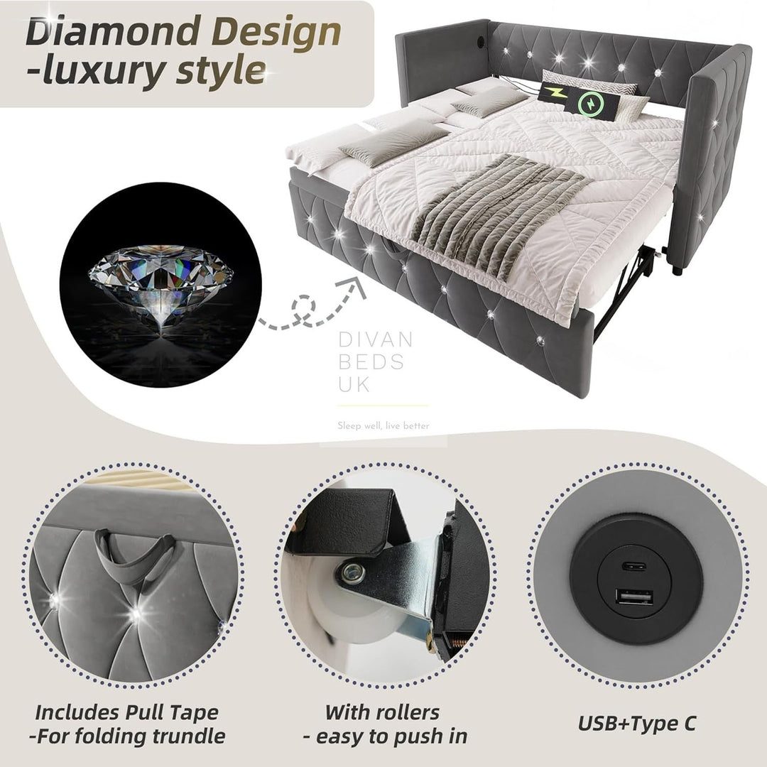 Taranto Grey Velvet Diamante Crystal Smart Daybed Sofa Bed Couch with Trundle, Charging Station, USB & Type C Ports