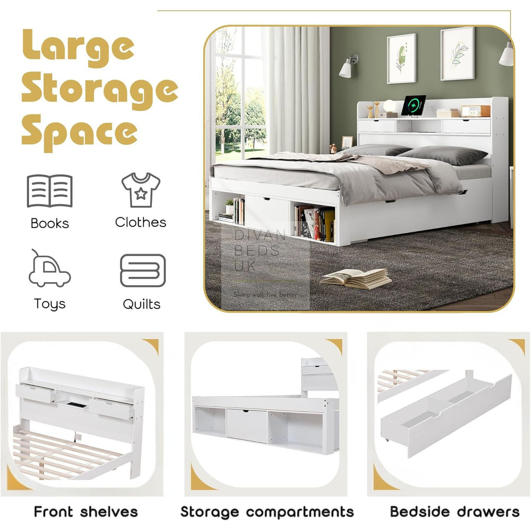 Castaneda White Wooden Smart Bed with 4 Drawers, Power Outlets and USB Ports & Shelves