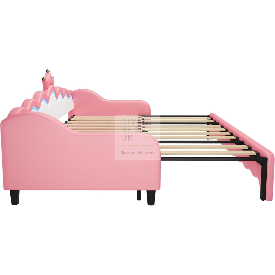 Vivian Pink Leather Girls Smart Sofa Bed with LED Lights & Trundle Daybed Couch