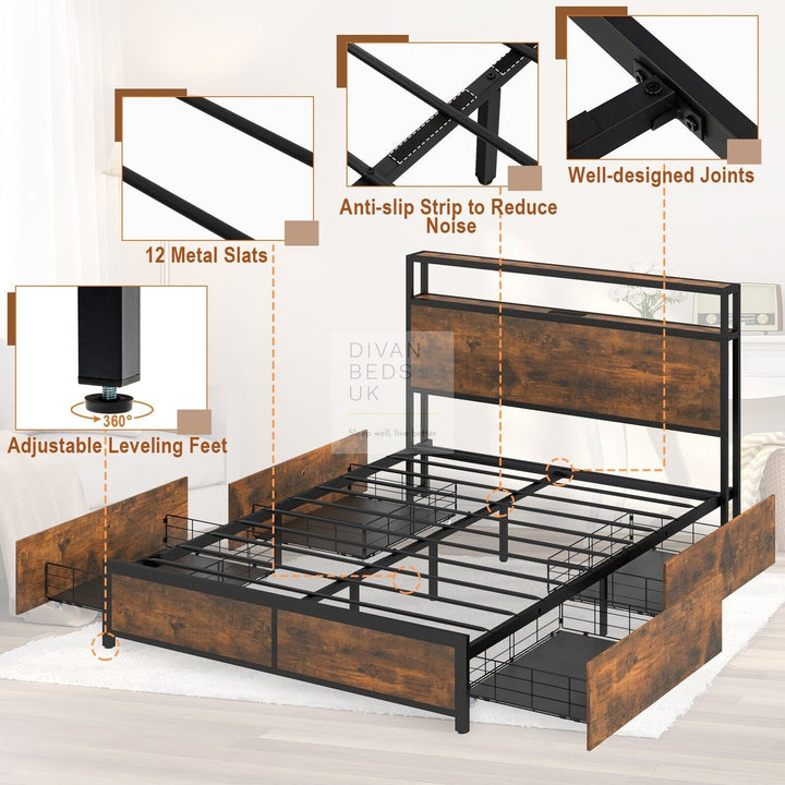 Henry Metal Divan Bed with 4 Drawers with Headboard, Reading Lights & USB Charging