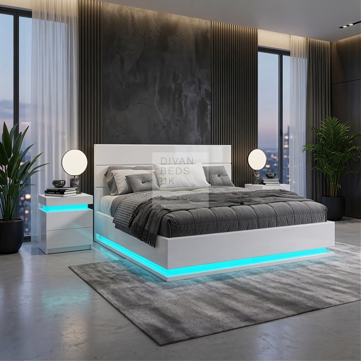 Averie LED White Leather Ottoman Gas Lift Storage Smart Bed