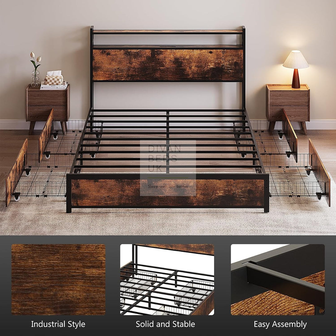 Henry Metal Wooden Hybrid Brown Bed with 4 Drawers with Headboard, LED Reading Lights, Sockets, USB, Type C Charging