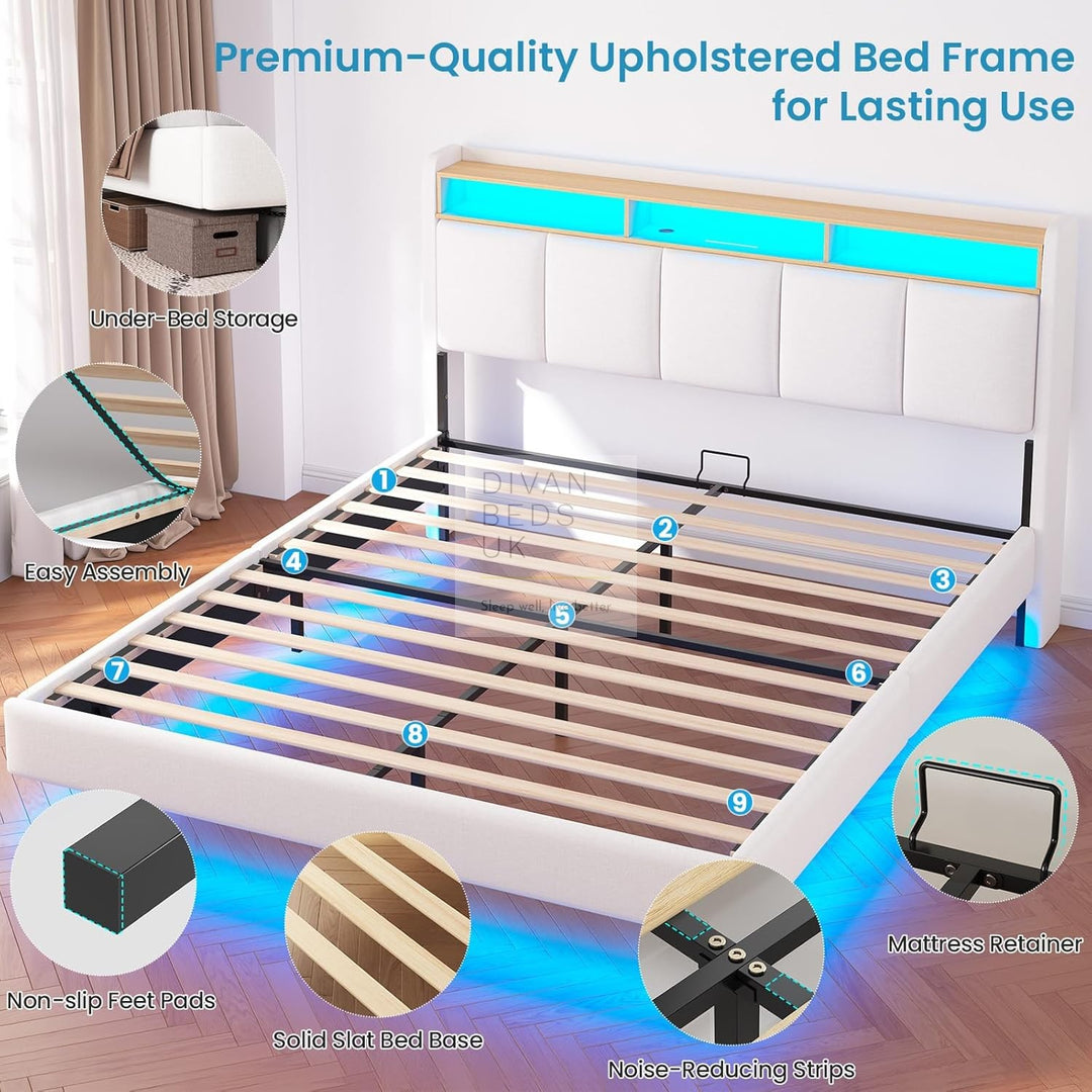 Houston Smart Metal Floating Bed with White Linen Padded Storage Headboard, LED Lights, Plug Sockets, USB &amp; Type C Charging Station