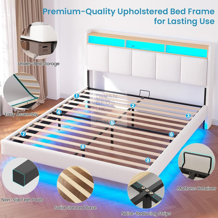 Houston Smart Metal Floating Bed with White Linen Padded Storage Headboard, LED Lights, Plug Sockets, USB &amp; Type C Charging Station