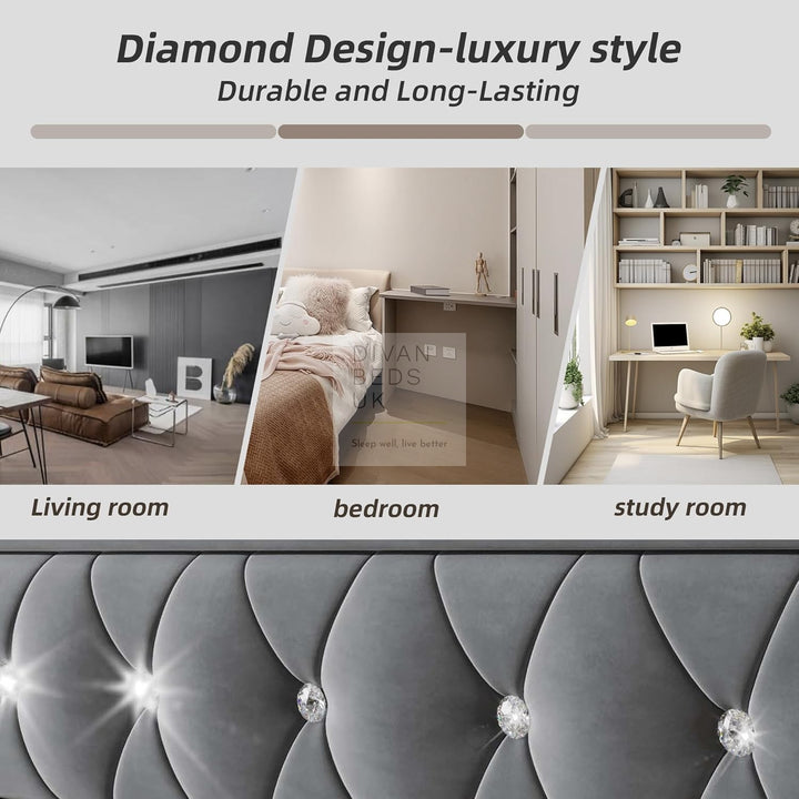 Taranto Grey Velvet Diamante Crystal Smart Daybed Sofa Bed Couch with Trundle, Charging Station, USB & Type C Ports