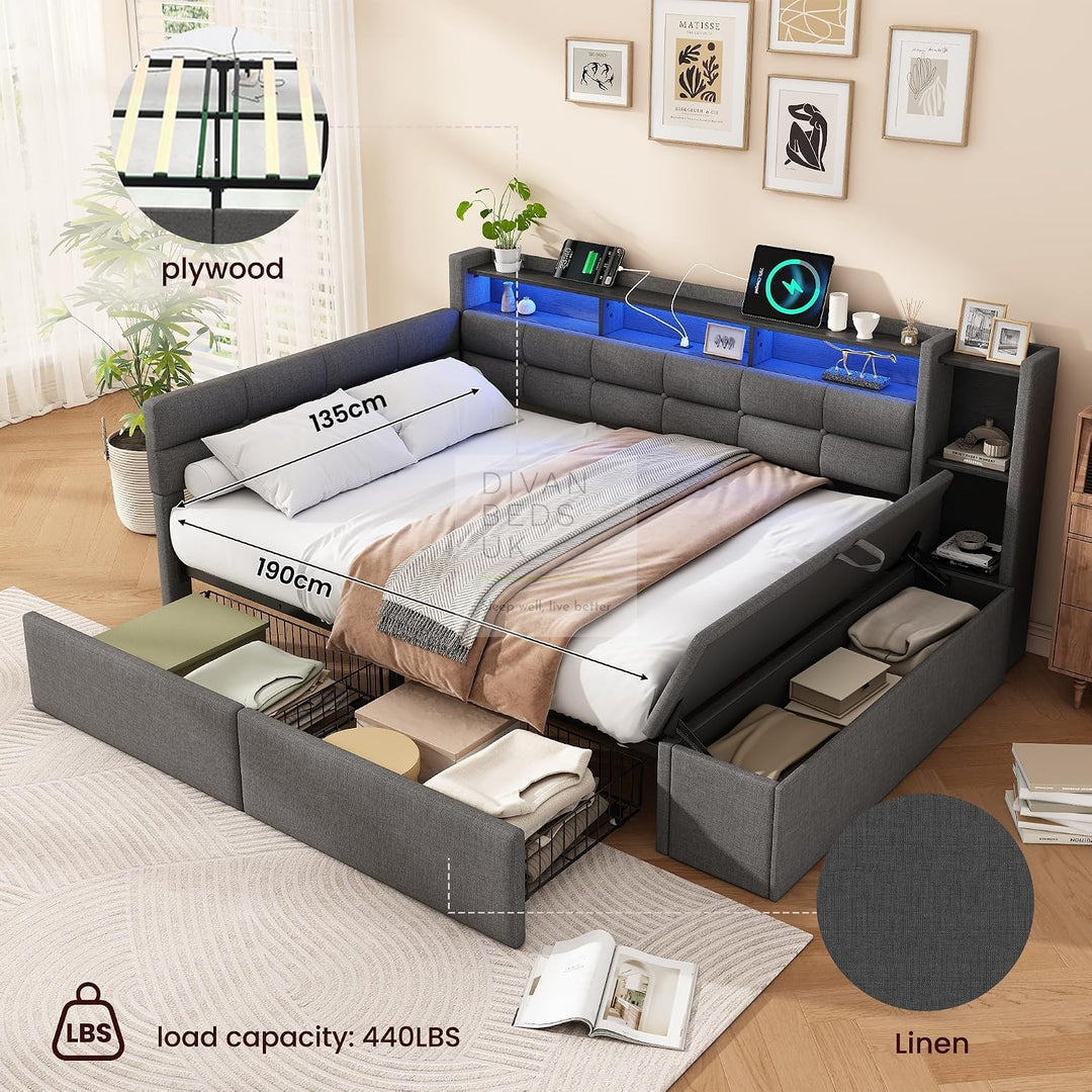 Avayah Grey Linen Smart Daybed Sofa Bed with 2 Drawers, LED Shelves Storage, USB &amp; Type C Charging Station &amp; Storage Box