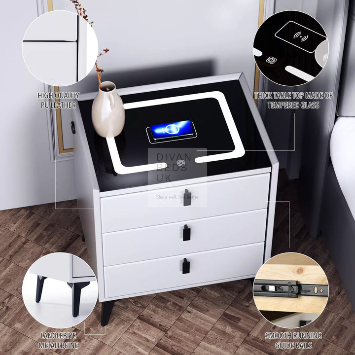 Elara White 3 Drawer Smart LED Bedside Table with USB, Type C and Wireless Charging