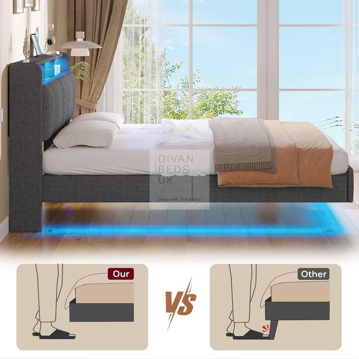 Everleigh Grey Linen Floating Bed Frame with Padded Storage Wing Headboard, LED Lights, USB &amp; Type-C Charging Station