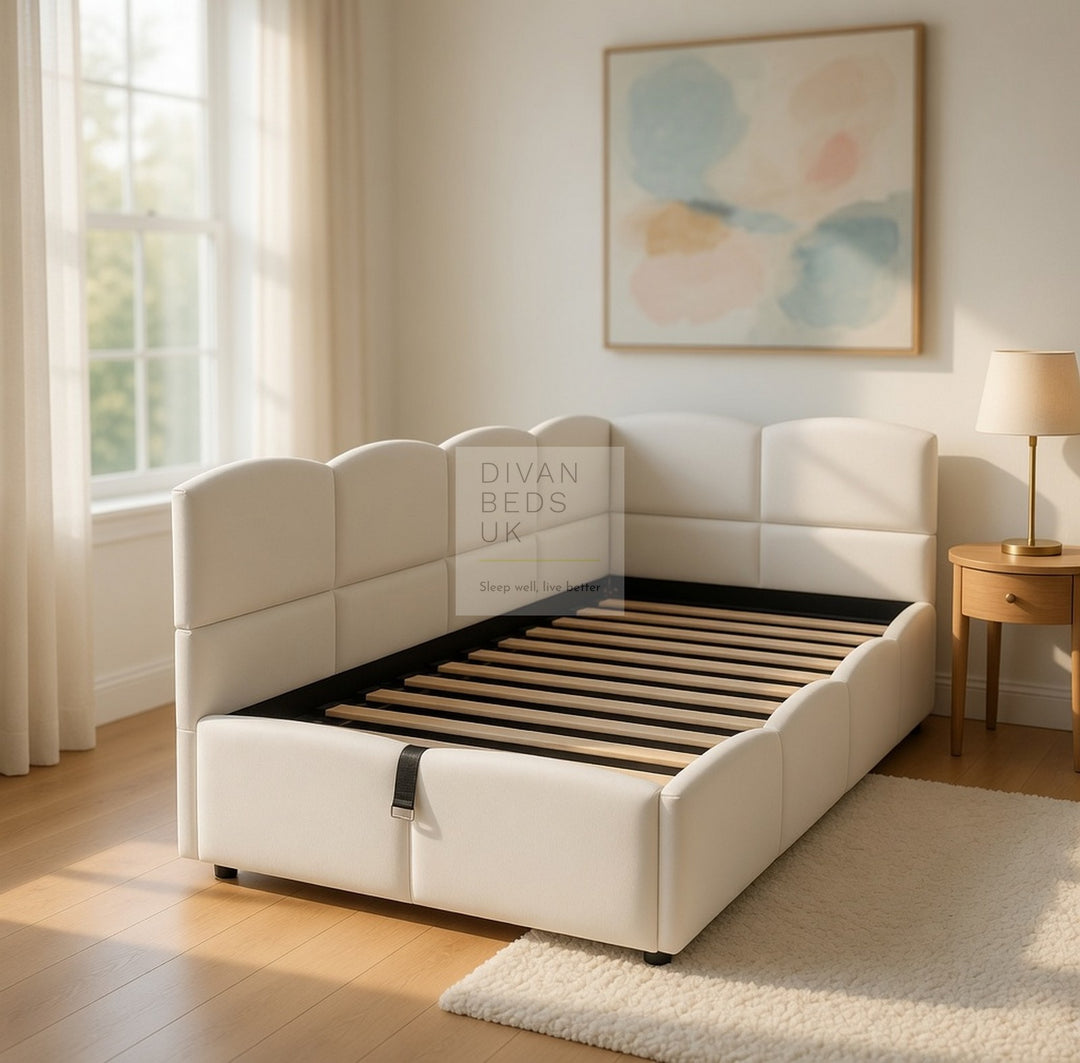 Amaia Beige Plush Velvet Smart Ottoman Storage Daybed Sofa Bed Couch with Charging Station, USB & Type C Ports