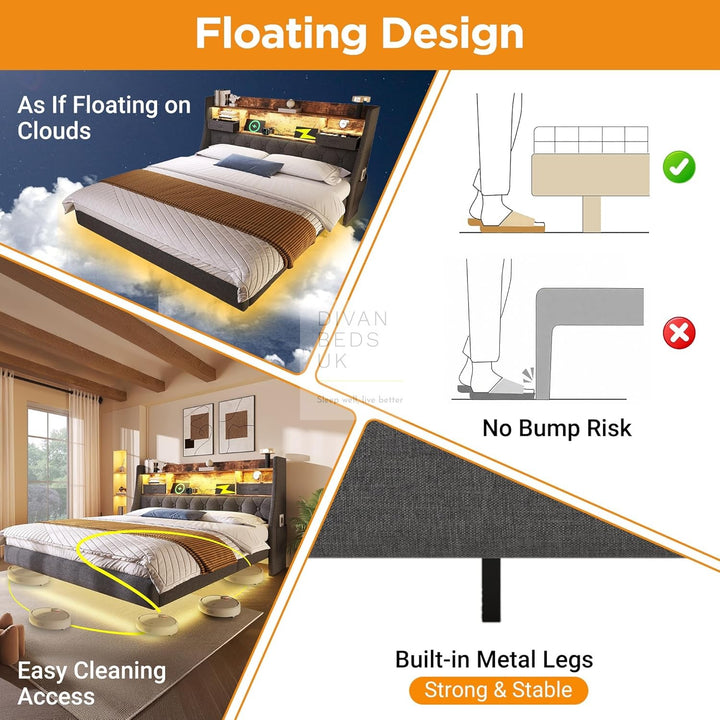 Burton Smart Metal Floating Linen Bed Frame with Grey Padded Storage Headboard, LED Lights, USB, Type C Charging Station