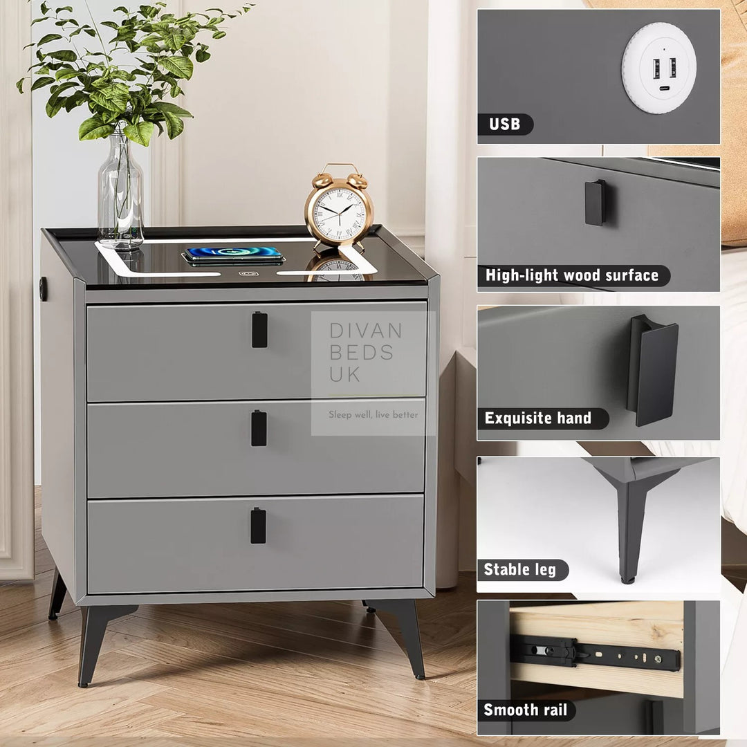 Elara Grey 3 Drawer Smart LED Bedside Table with USB, Type C and Wireless Charging