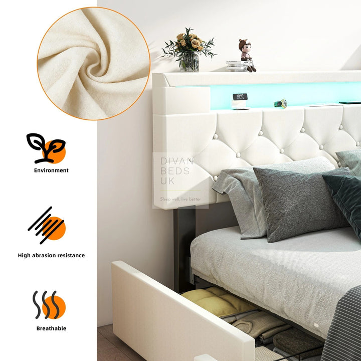 Harmon Beige Linen Smart Bed with 4 Drawer Storage, LED and Charging Station AC Socket, USB, Type C on Headboard Storage Shelf