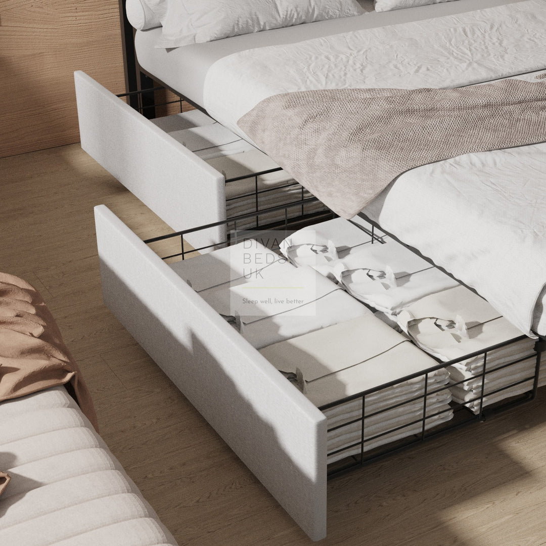 Henry Off-White Linen Metal Bed with 4 Drawers with Headboard Shelves, LED, USB and Power Outlet