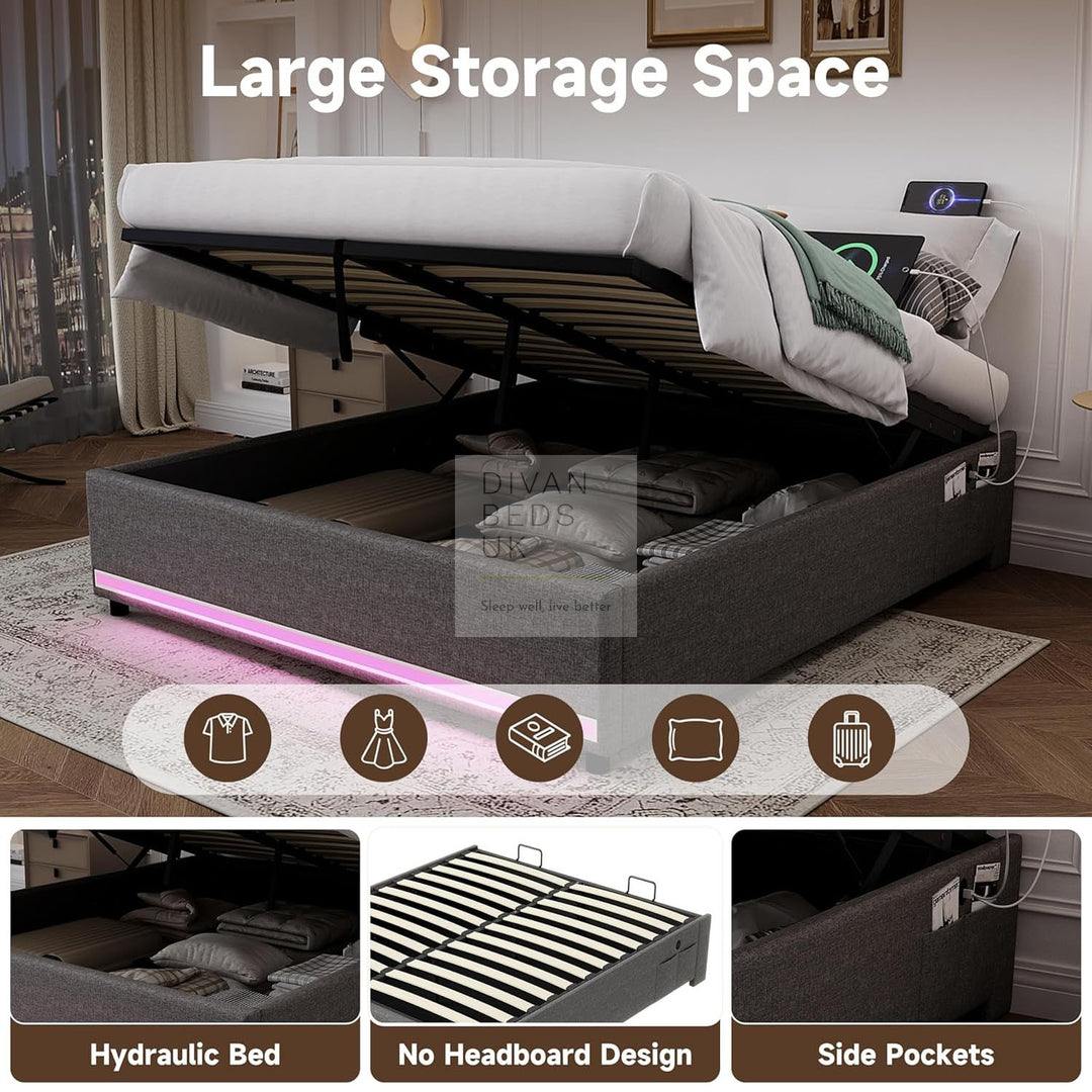 Castanea Smart LED Grey Linen Ottoman Gas Lift Storage Bed Base with USB Type C Charging Ports