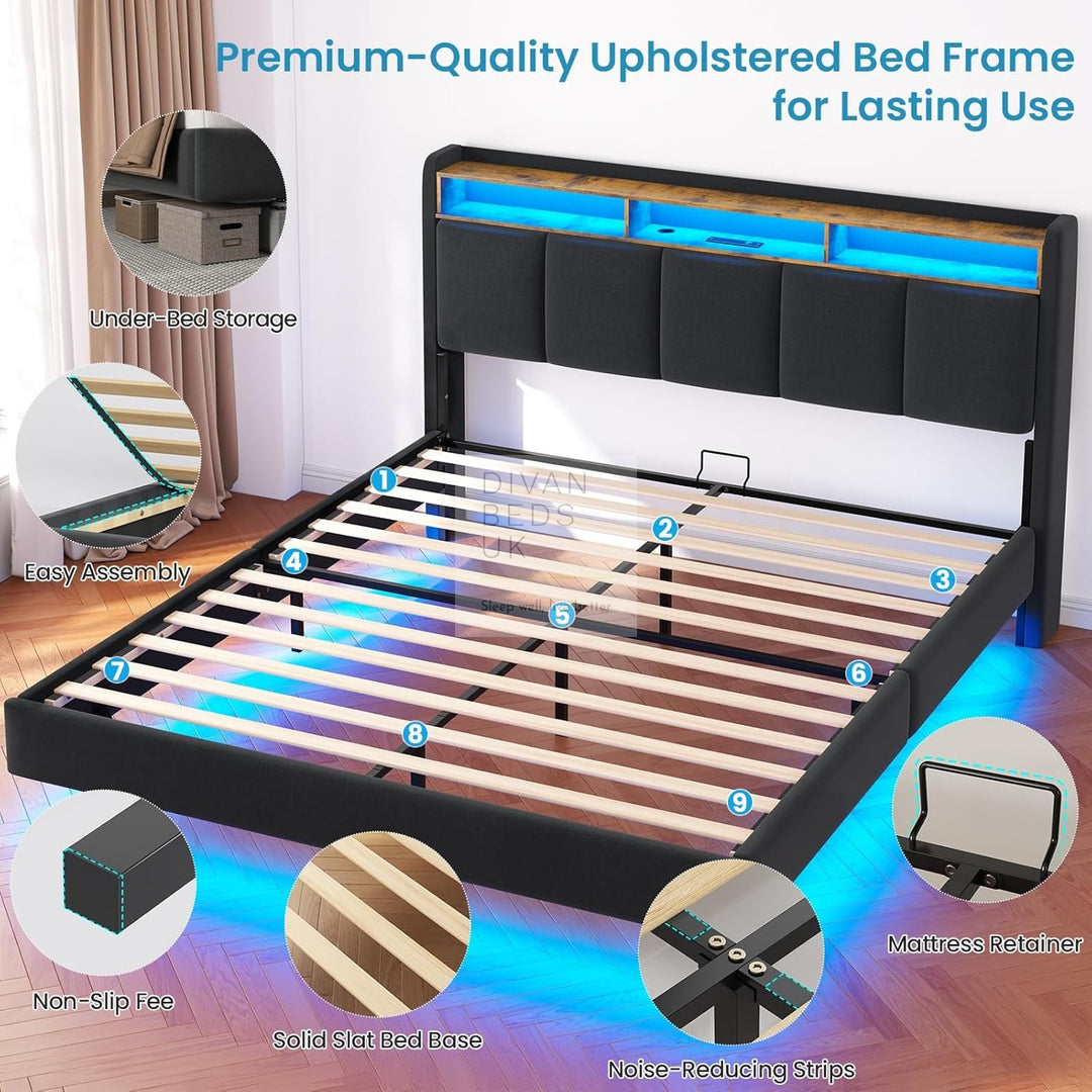 Houston Smart Metal Floating Bed with Grey Linen Padded Storage Headboard, LED Lights, Plug Sockets, USB &amp; Type C Charging Station