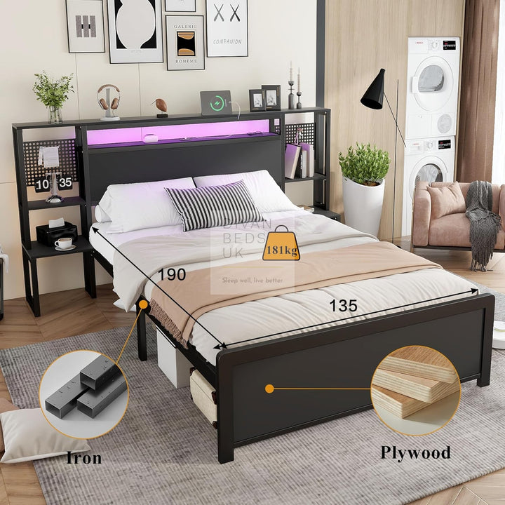 Zentiva LED Black Smart Bed with Integrated Bedside Tables, Charging Station with USB and Type C