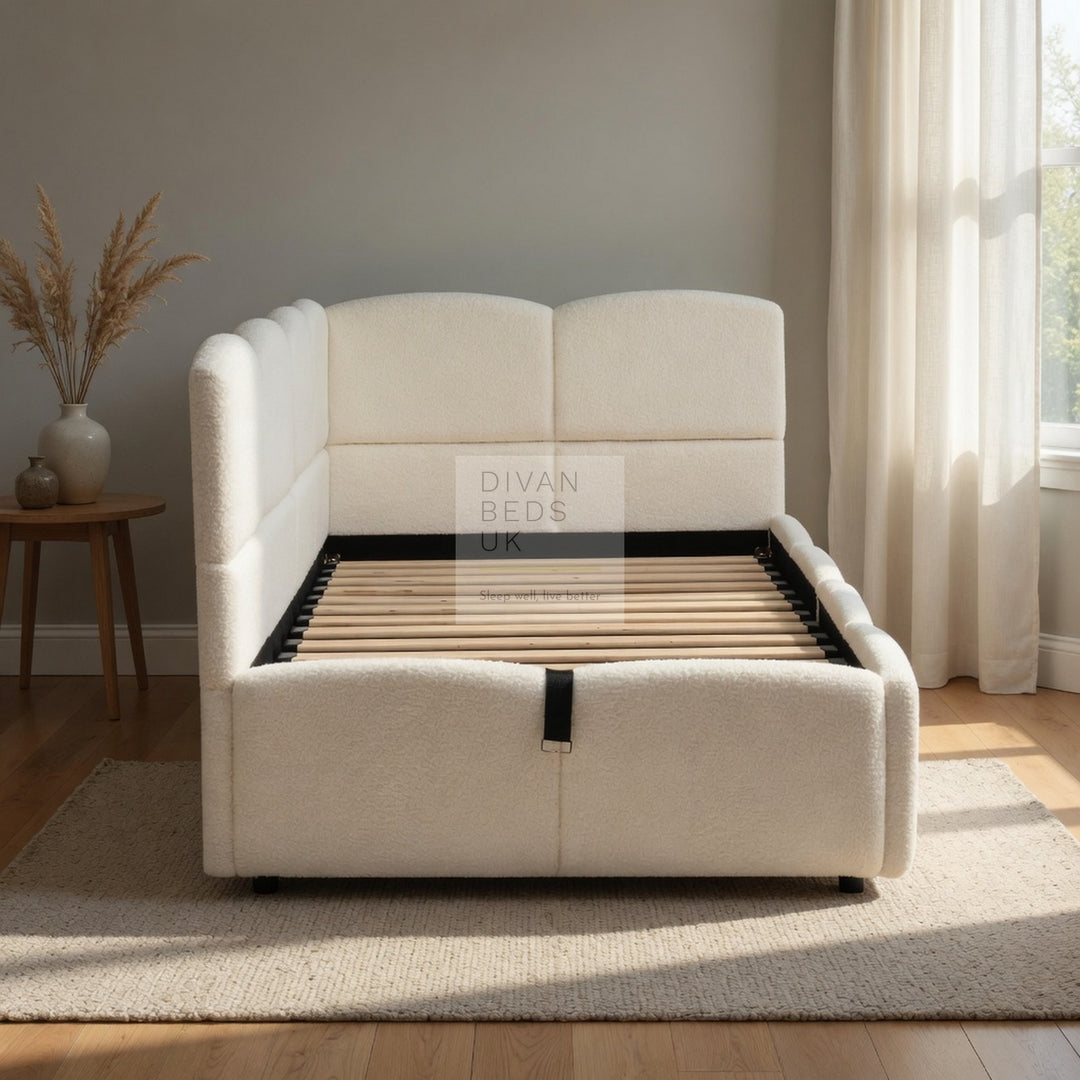 Amaia Beige Boucle Teddy Fabric Smart Ottoman Storage Daybed Sofa Bed Couch with Charging Station, USB & Type C Ports