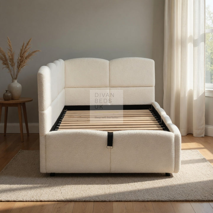 Amaia Beige Boucle Teddy Fabric Smart Ottoman Storage Daybed Sofa Bed Couch with Charging Station, USB & Type C Ports