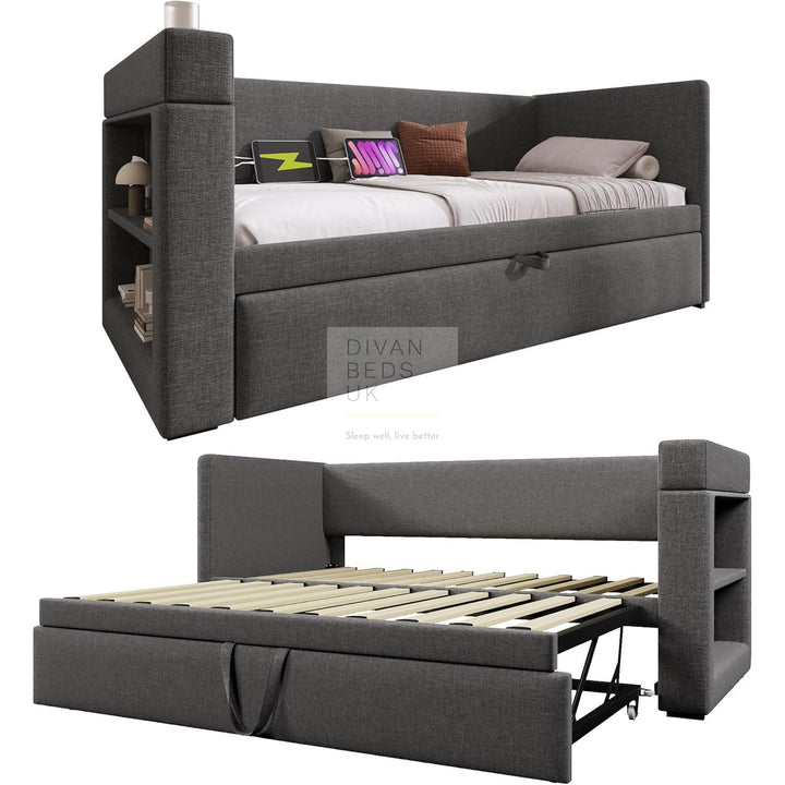 Laylani Grey Linen Smart Daybed Sofa Bed with Shelves Storage, USB & Type C Charging Station & Trundle