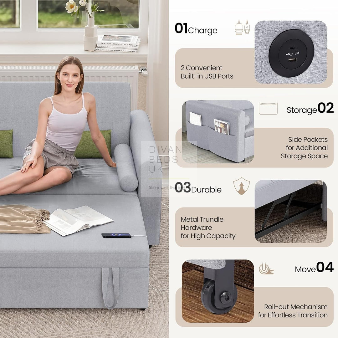 Kimora Grey Linen Smart Daybed Sofa Bed with USB & Type C Charging and Matching Pillows
