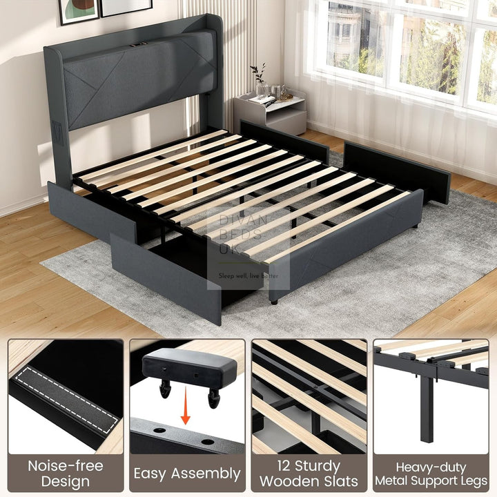 Khari Wingback 4 Drawer Charcoal Linen Smart Bed with LED Back-Lighting, Type C, USB and Power Outlet