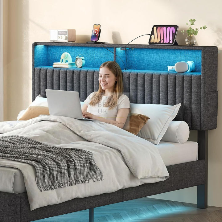 Houston Smart Metal Floating Bed with Grey Linen Padded Storage Headboard, LED Lights, USB & Type C Charging Station
